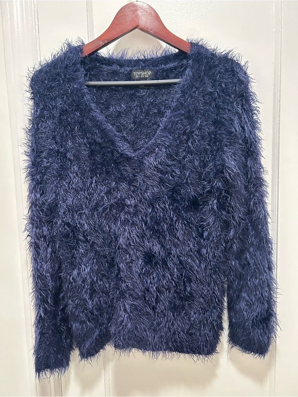 Topshop Navy Blue Fuzzy V-Neck Sweater